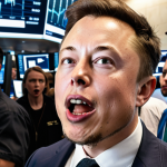 A chaotic stock market floor where traders are frantically reacting to a viral tweet about Dogecoin, with Elon Musk's face subtly visible in the background on a screen. The overall mood should convey the "Musk Effect" and social media frenzy.