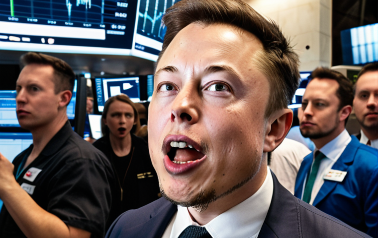 A chaotic stock market floor where traders are frantically reacting to a viral tweet about Dogecoin, with Elon Musk's face subtly visible in the background on a screen. The overall mood should convey the "Musk Effect" and social media frenzy.