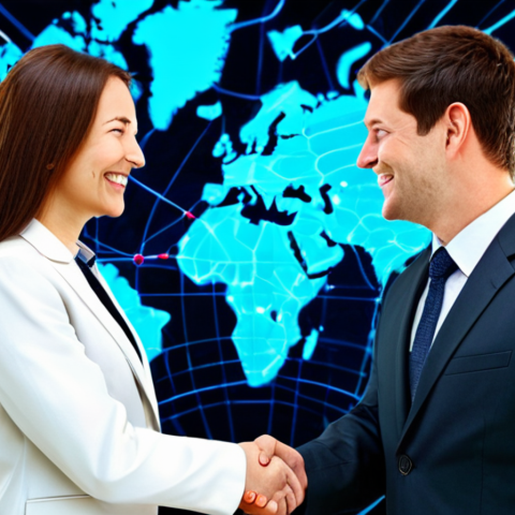 Digital Trade**

"A fully clothed professional businesswoman in a modern, modest pantsuit, smiling and shaking hands with a businessman in a similarly professional suit in front of a backdrop featuring a world map with glowing digital connections, symbolizing international trade; appropriate attire, safe for work, perfect anatomy, natural proportions, professional digital art, high quality, family-friendly."

**