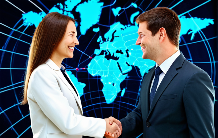 Digital Trade**

"A fully clothed professional businesswoman in a modern, modest pantsuit, smiling and shaking hands with a businessman in a similarly professional suit in front of a backdrop featuring a world map with glowing digital connections, symbolizing international trade; appropriate attire, safe for work, perfect anatomy, natural proportions, professional digital art, high quality, family-friendly."

**