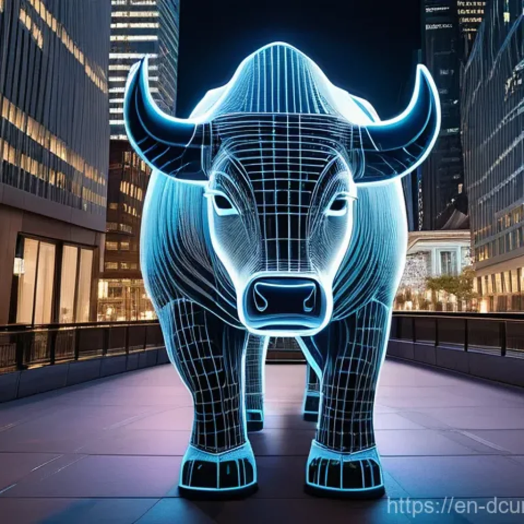 디지털화폐와 블록체인 기술 - The iconic Wall Street bull is reimagined with subtle, glowing digital patterns integrated into its ...