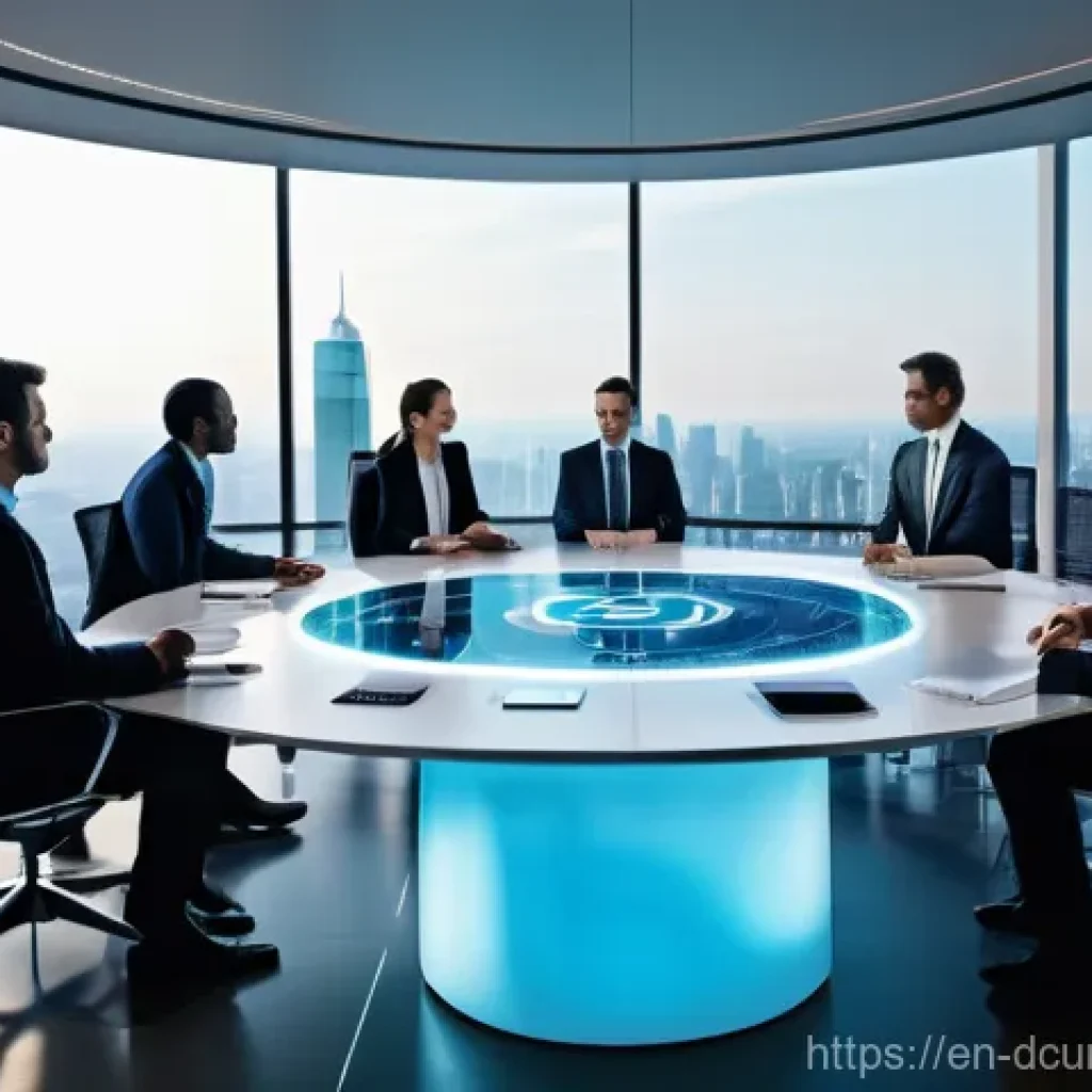 디지털화폐에 대한 주요 기업의 투자 - **Prompt:** A sleek, futuristic corporate boardroom bathed in soft, natural light, overlooking a bus...