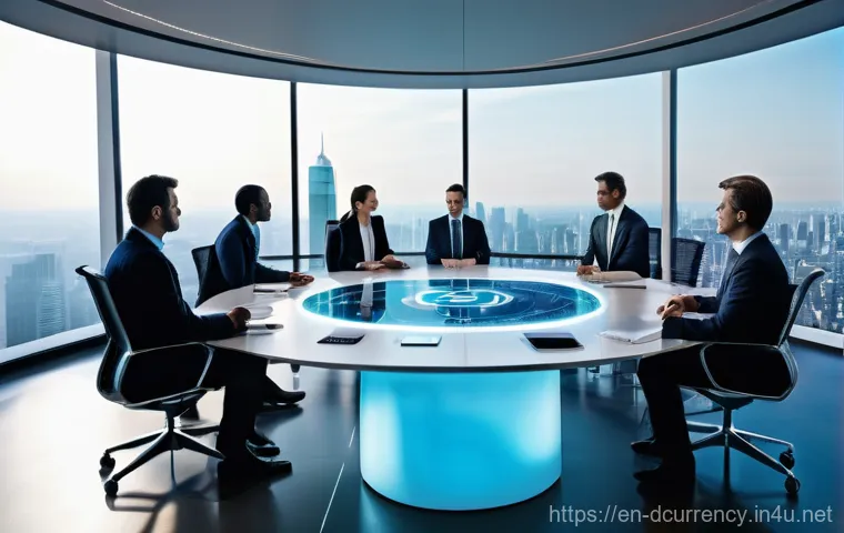 디지털화폐에 대한 주요 기업의 투자 - **Prompt:** A sleek, futuristic corporate boardroom bathed in soft, natural light, overlooking a bus...