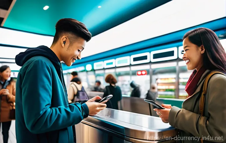 디지털화폐의 결제 시스템 발전 - **Prompt:** A dynamic, wide-angle shot of a diverse group of people, aged 20s-50s, in a brightly lit...