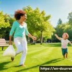 디지털화폐 종류 비교 - **A sunlit park scene. A toddler with a light-colored diaper is gleefully chasing a bright red beach...