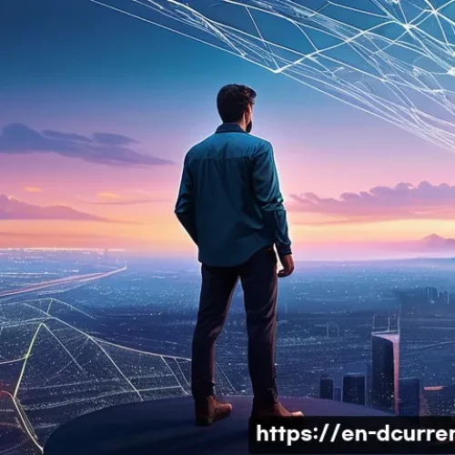 디지털화폐의 탈중앙화와 중앙화 차이 - **Prompt:** "A lone, determined individual, appearing as a modern digital pioneer, stands at the edg...