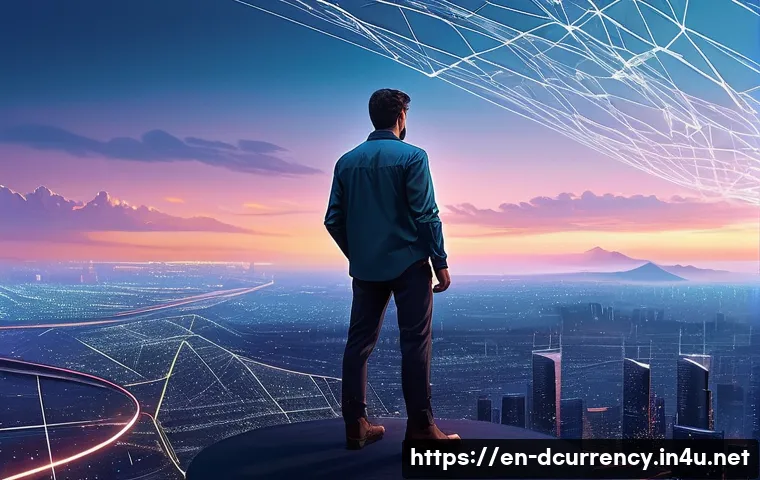 디지털화폐의 탈중앙화와 중앙화 차이 - **Prompt:** "A lone, determined individual, appearing as a modern digital pioneer, stands at the edg...