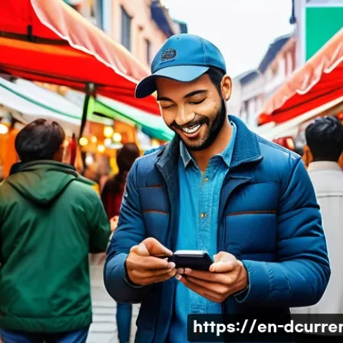 디지털화폐와 공공의 경제적 효과 - A vibrant urban community scene showing diverse people of various ages and ethnicities using smartph...