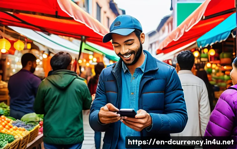 디지털화폐와 공공의 경제적 효과 - A vibrant urban community scene showing diverse people of various ages and ethnicities using smartph...