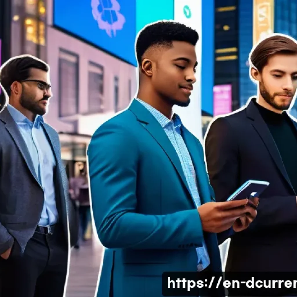 디지털화폐의 경제적 영향 - A futuristic digital marketplace scene showing diverse small business owners using mobile crypto wal...