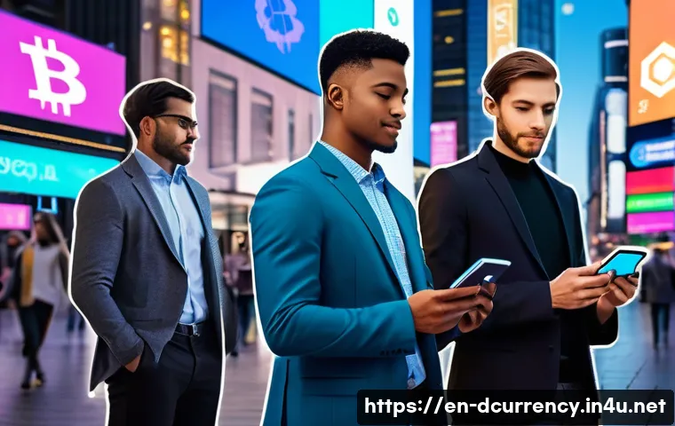 디지털화폐의 경제적 영향 - A futuristic digital marketplace scene showing diverse small business owners using mobile crypto wal...