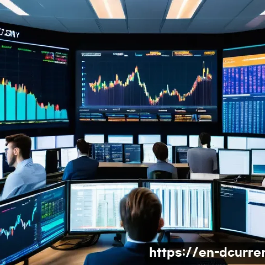디지털화폐의 가격 흐름 분석 - A dynamic digital trading floor scene showing diverse investors analyzing multiple large screens fil...