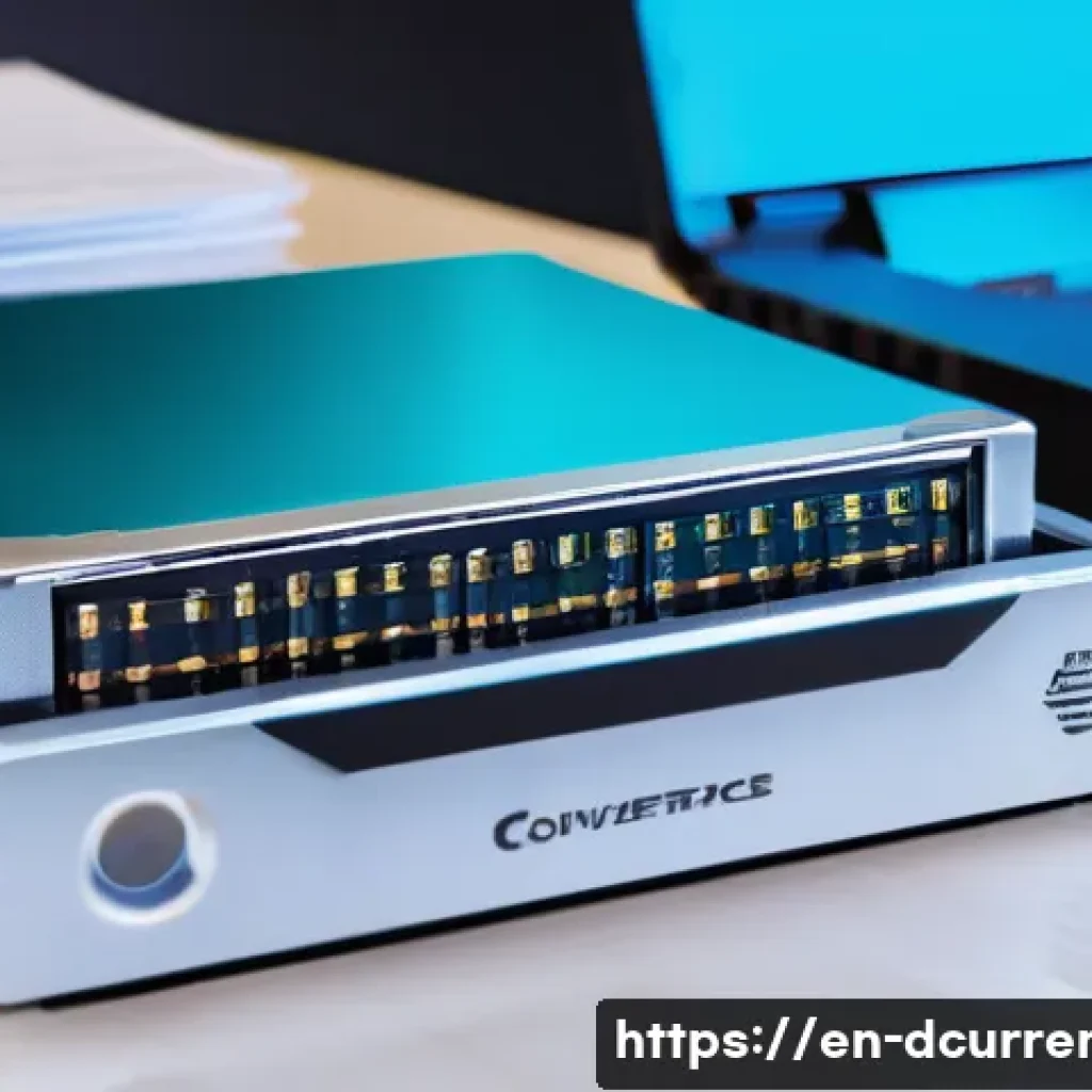 디지털화폐 보안 - A high-tech close-up scene of a hardware cryptocurrency wallet device resting on a sleek desk, surro...