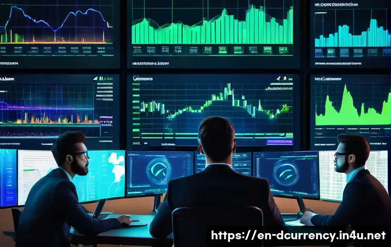 디지털화폐의 가격 조정 메커니즘 - A dynamic digital art scene depicting a diverse group of crypto traders intensely monitoring multipl...