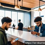 디지털화폐의 글로벌 트렌드 - A modern urban cafe scene where diverse young adults are casually using digital wallets on their sma...