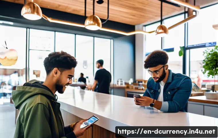 디지털화폐의 글로벌 트렌드 - A modern urban cafe scene where diverse young adults are casually using digital wallets on their sma...