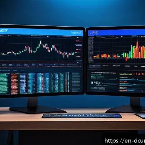 디지털화폐의 투자 리스크 관리 - A sophisticated digital trader&rsquo;s workspace with multiple large screens displaying colorful crypto ma...