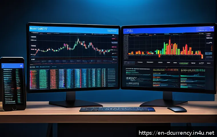 디지털화폐의 투자 리스크 관리 - A sophisticated digital trader&rsquo;s workspace with multiple large screens displaying colorful crypto ma...