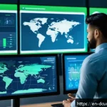 디지털화폐와 그린 파이낸스 - A futuristic blockchain dashboard interface displaying real-time carbon credit token transactions an...