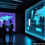 디지털화폐의 블록체인 기술 적용 사례 - A futuristic digital payment scene showing a diverse group of professionals using blockchain technol...
