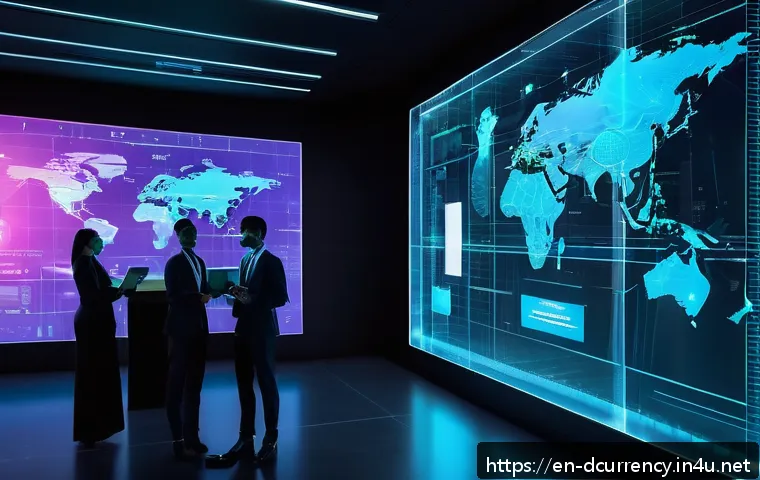 디지털화폐의 블록체인 기술 적용 사례 - A futuristic digital payment scene showing a diverse group of professionals using blockchain technol...