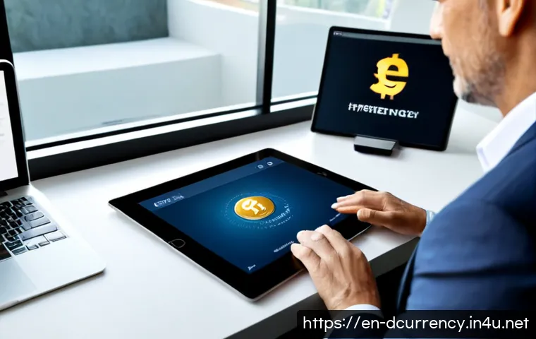 디지털화폐 거래소 안전성 - Photorealistic secure digital currency exchange concept, middle-aged investor at a clean modern home...